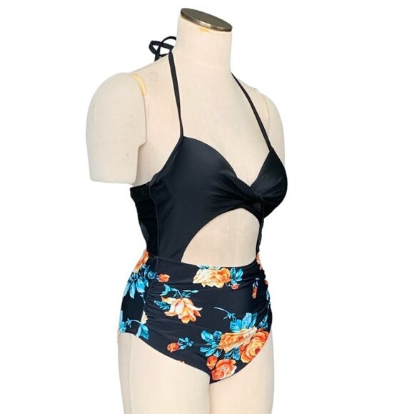 NWT Black Floral Print Halter One Piece Swimsuit Sz S #102D - Picture 3 of 12